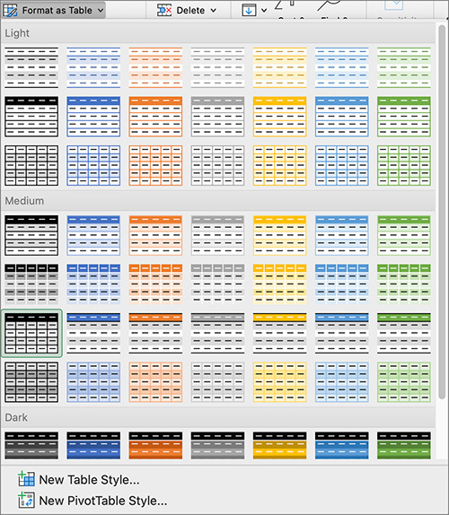 Screenshot of the Format as Table dropdown in Excel. Light, Medium, and Dark themes of tables are displayed along with options to create New Table Style... or New PivotTable Style...