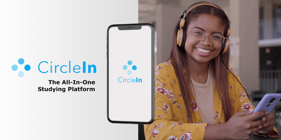 Female student smiling with headphones with CircleIn displayed on a floating cellphone.