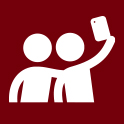 Garnet background with white icon of two people taking a selfie together