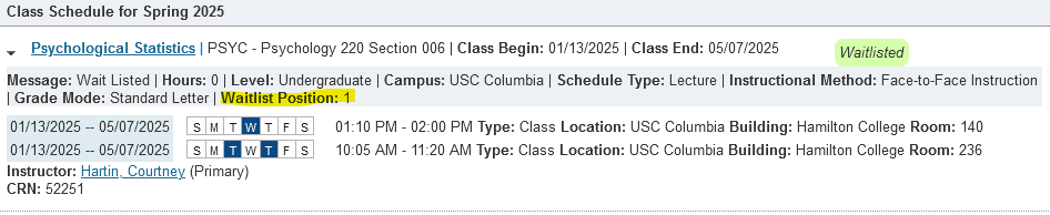 Schedule Details screenshot showing waitlist position 1