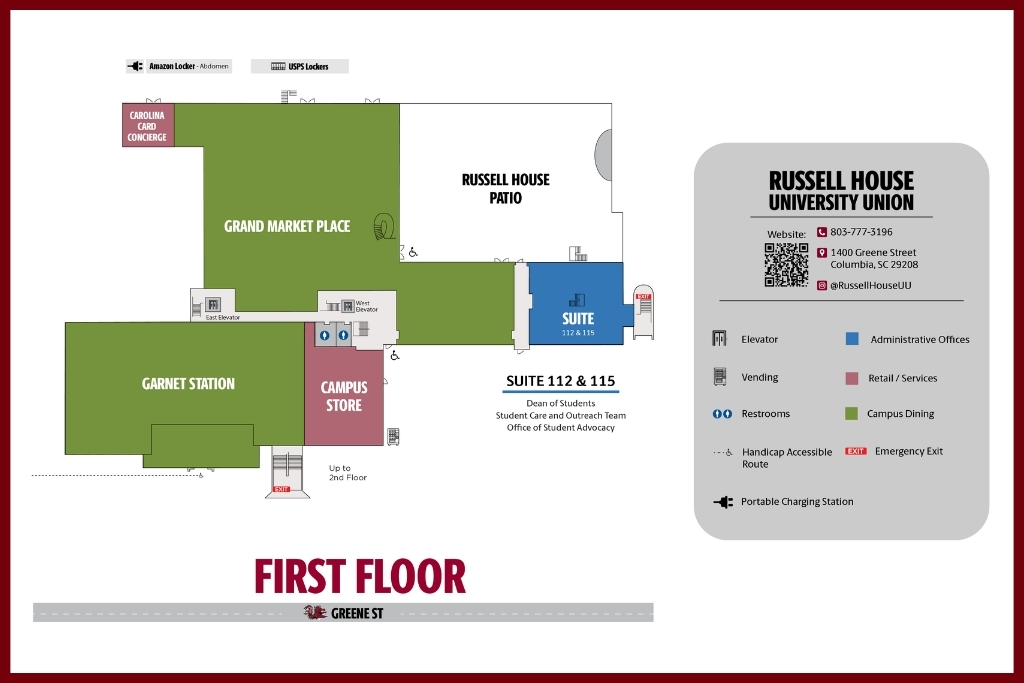 Map of the first floor of the Russell House University Union showing the Grand Market Place, Garnet Station, Campus Store, Suites 112 and 115, and key building amenities. with Garnet Border.