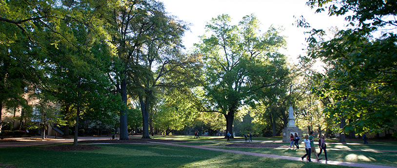 A drone view of the Horseshoe with students walking across.