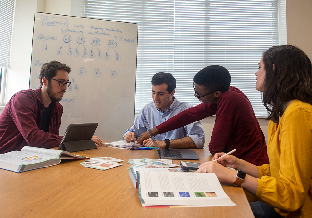 Students working together at a table. 