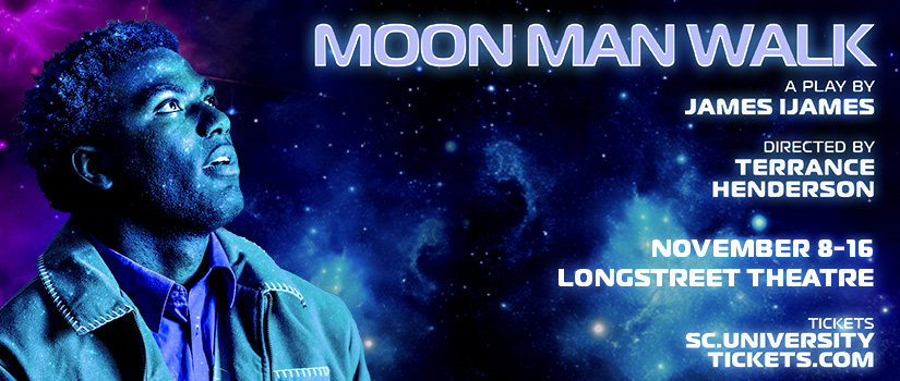 Stylized photo of young man looking up into space with the words Moon Man Walk next to him.