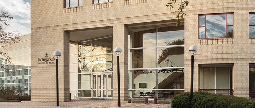 Close-up of the exterior of the USC School of Music
