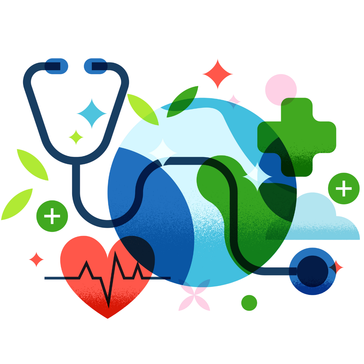 globe illustration surrounded by heart monitors, health symbol and stethoscope