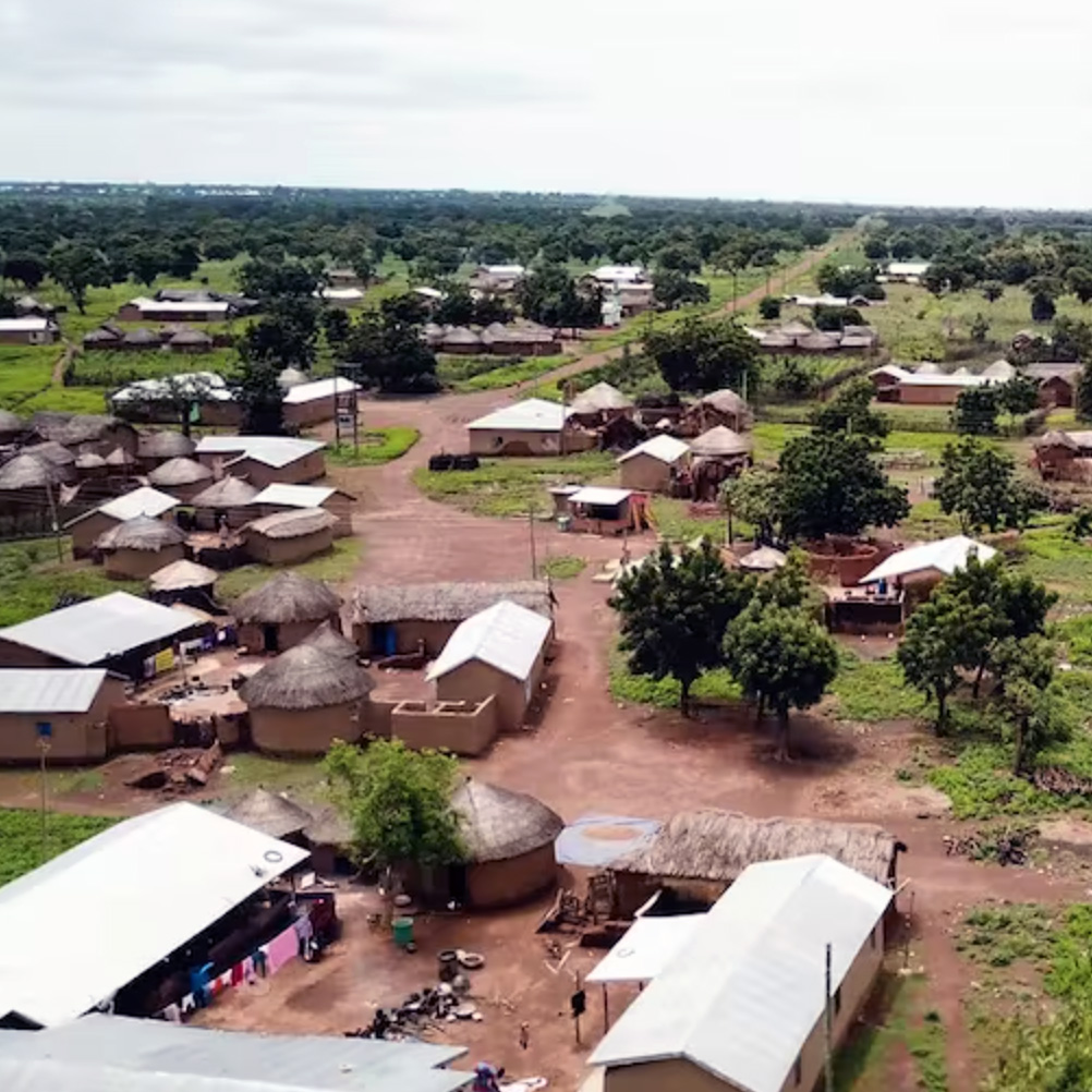 Several houses and trees on a dirt road