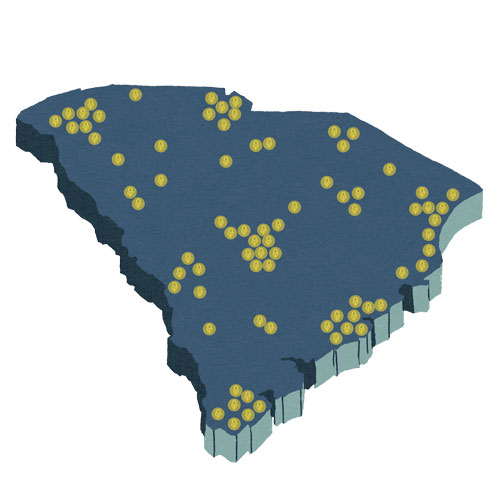 An illustration of a map of South Carolina showing rural v. urban healthcare disparities.